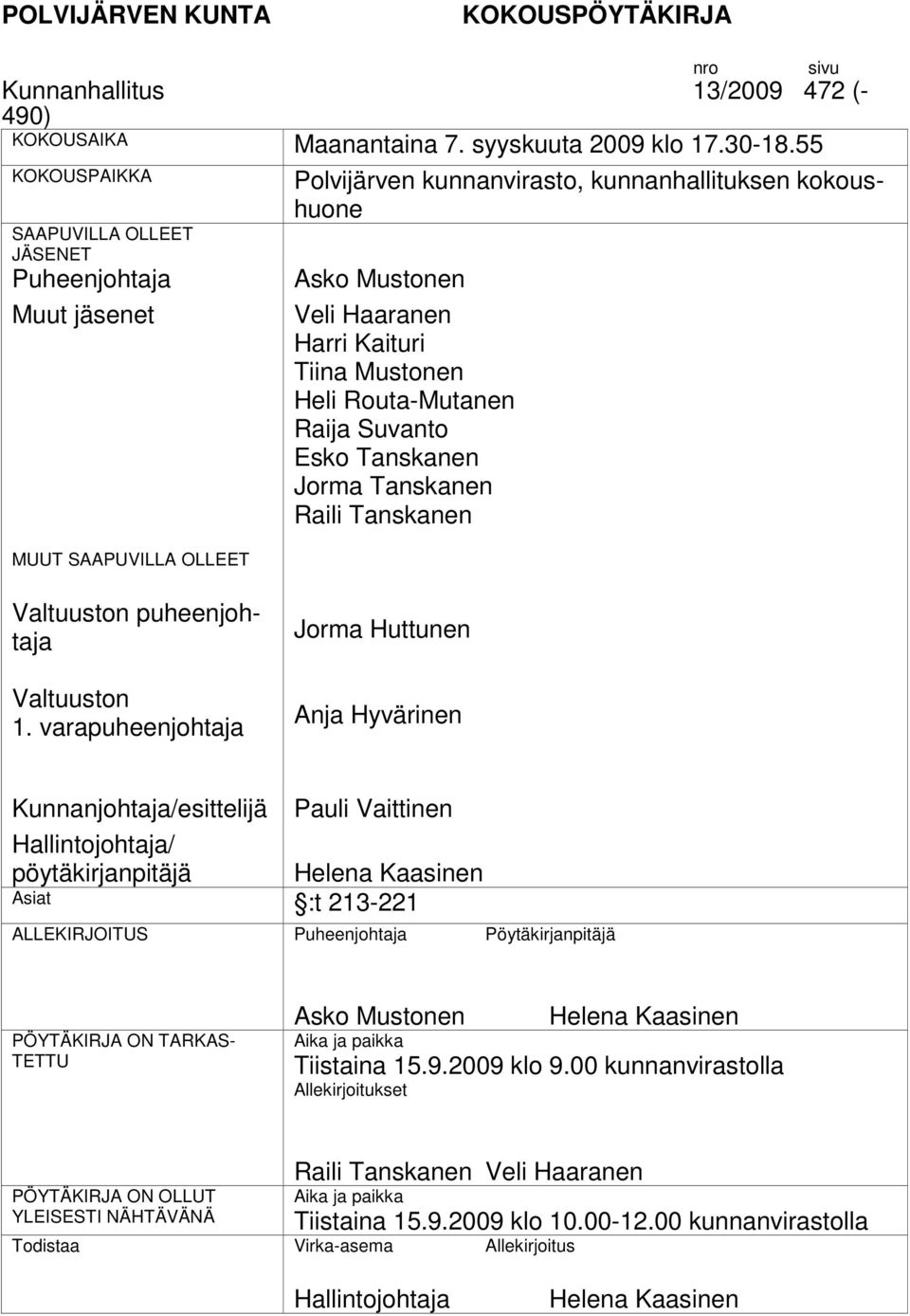 Tiina Mustonen Heli Routa-Mutanen Raija Suvanto Esko Tanskanen Jorma Tanskanen Raili Tanskanen n puheenjohtaja n 1.