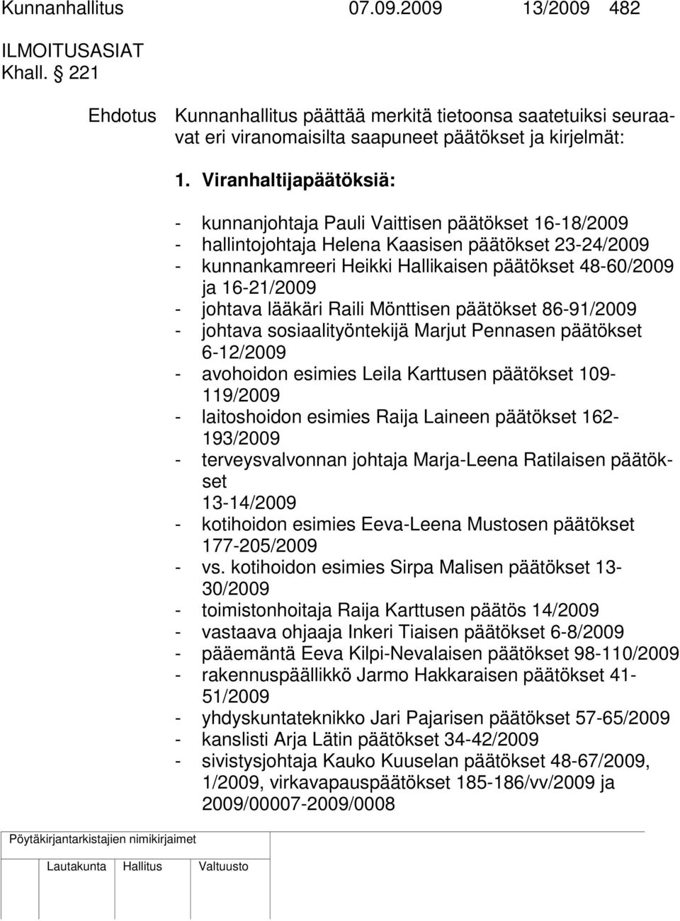 16-21/2009 - johtava lääkäri Raili Mönttisen päätökset 86-91/2009 - johtava sosiaalityöntekijä Marjut Pennasen päätökset 6-12/2009 - avohoidon esimies Leila Karttusen päätökset 109-119/2009 -