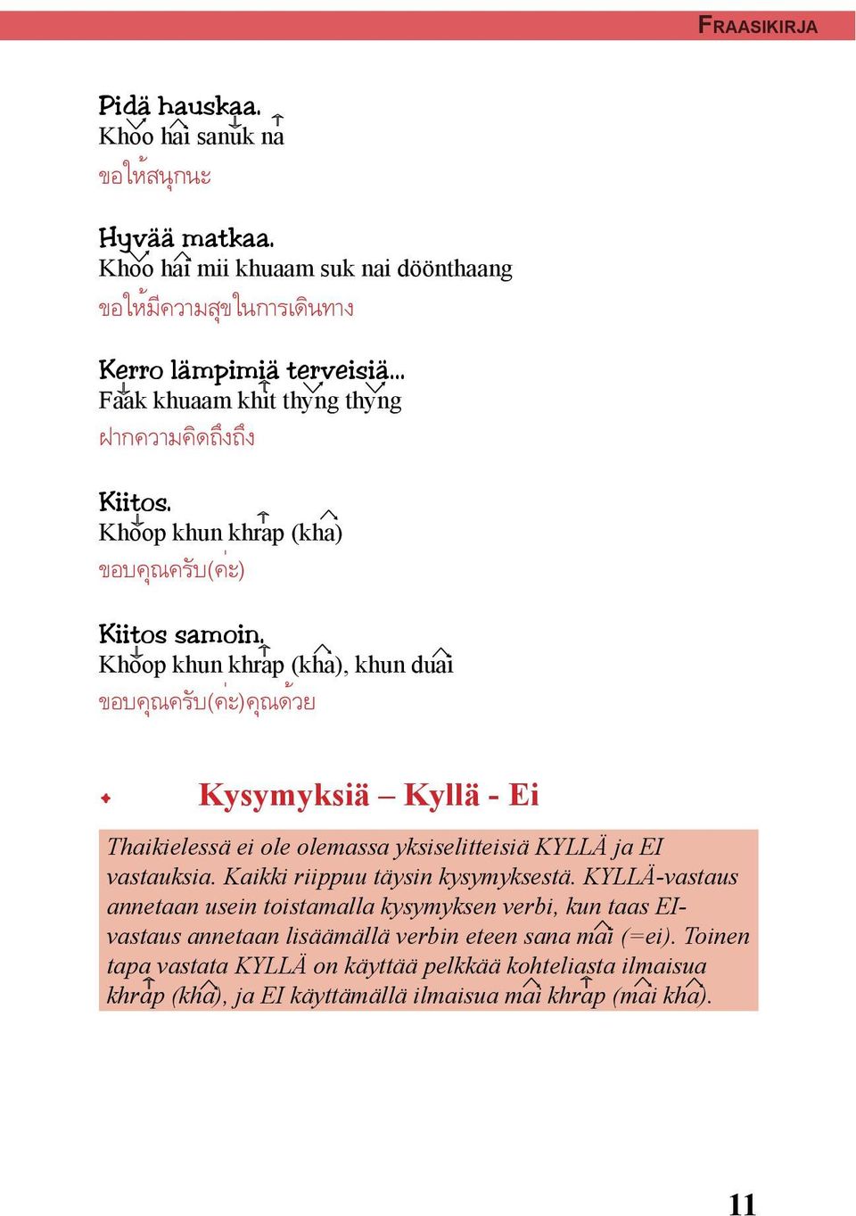 Khoop khun khrap (kha), khun duai Kysymyksiä Kyllä - Ei Thaikielessä ei ole olemassa yksiselitteisiä KYLLÄ ja EI vastauksia.