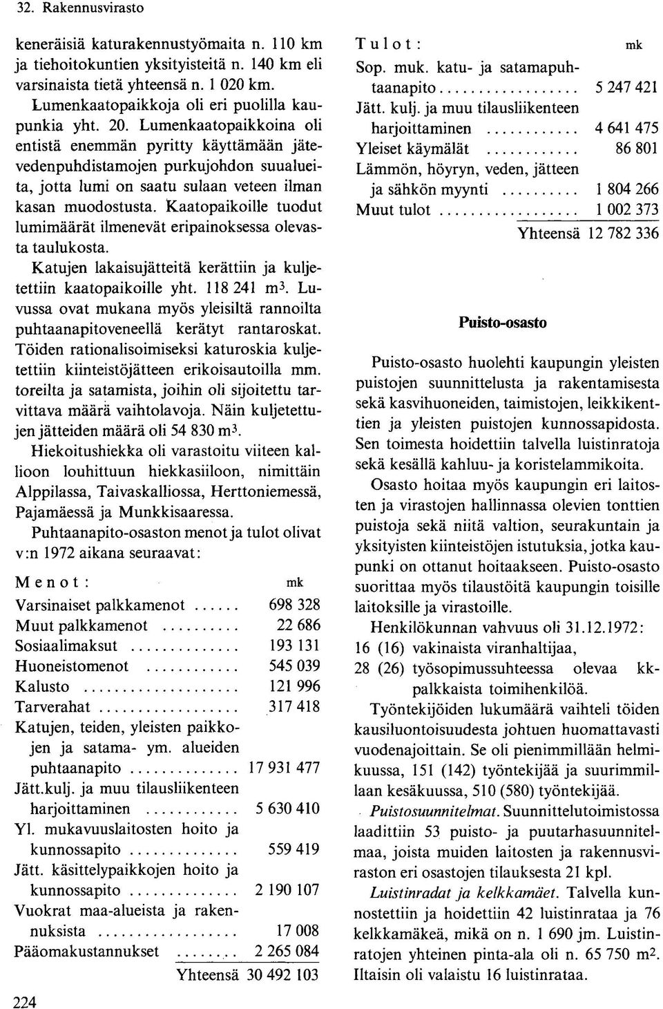 Kaatopaikoille tuodut lumimäärät ilmenevät eripainoksessa olevasta taulukosta. Katujen lakaisujätteitä kerättiin ja kuljetettiin kaatopaikoille yht. 118 241 m 3.