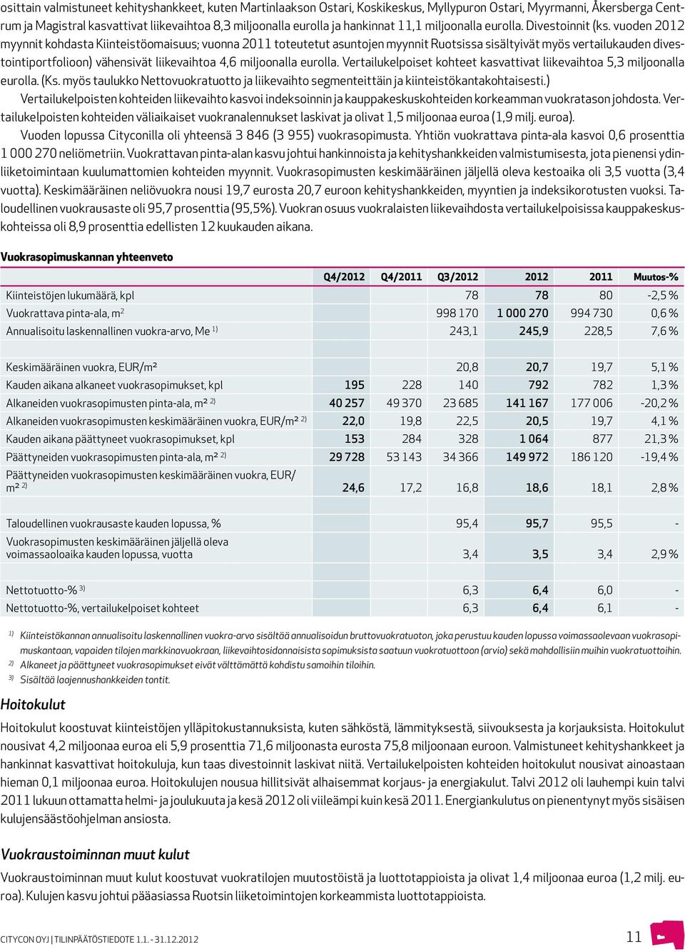 vuoden 2012 myynnit kohdasta Kiinteistöomaisuus; vuonna 2011 toteutetut asuntojen myynnit Ruotsissa sisältyivät myös vertailukauden divestointiportfolioon) vähensivät liikevaihtoa 4,6 miljoonalla