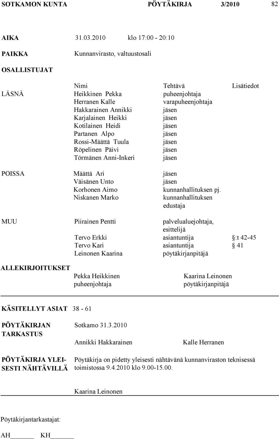 Karjalainen Heikki jäsen Kotilainen Heidi jäsen Partanen Alpo jäsen Rossi-Määttä Tuula jäsen Röpelinen Päivi jäsen Törmänen Anni-Inkeri jäsen POISSA Määttä Ari jäsen Väisänen Unto jäsen Korhonen Aimo