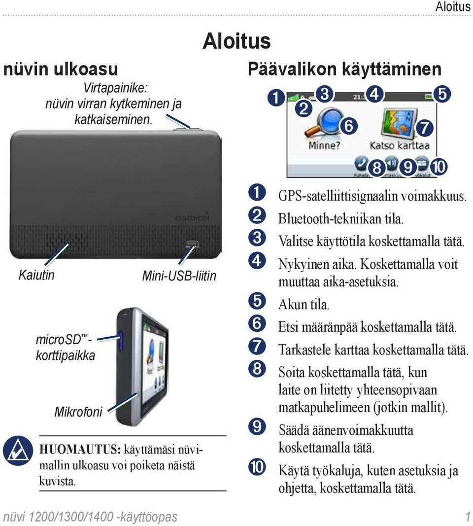 Aloitus Aloitus Päävalikon käyttäminen ➊ ➌ ➍ ➎ ➋ ➏ ➐ ➑ ➒ ➓ ➊ GPS-satelliittisignaalin voimakkuus. ➋ Bluetooth-tekniikan tila. ➌ Valitse käyttötila koskettamalla tätä. ➍ Nykyinen aika.