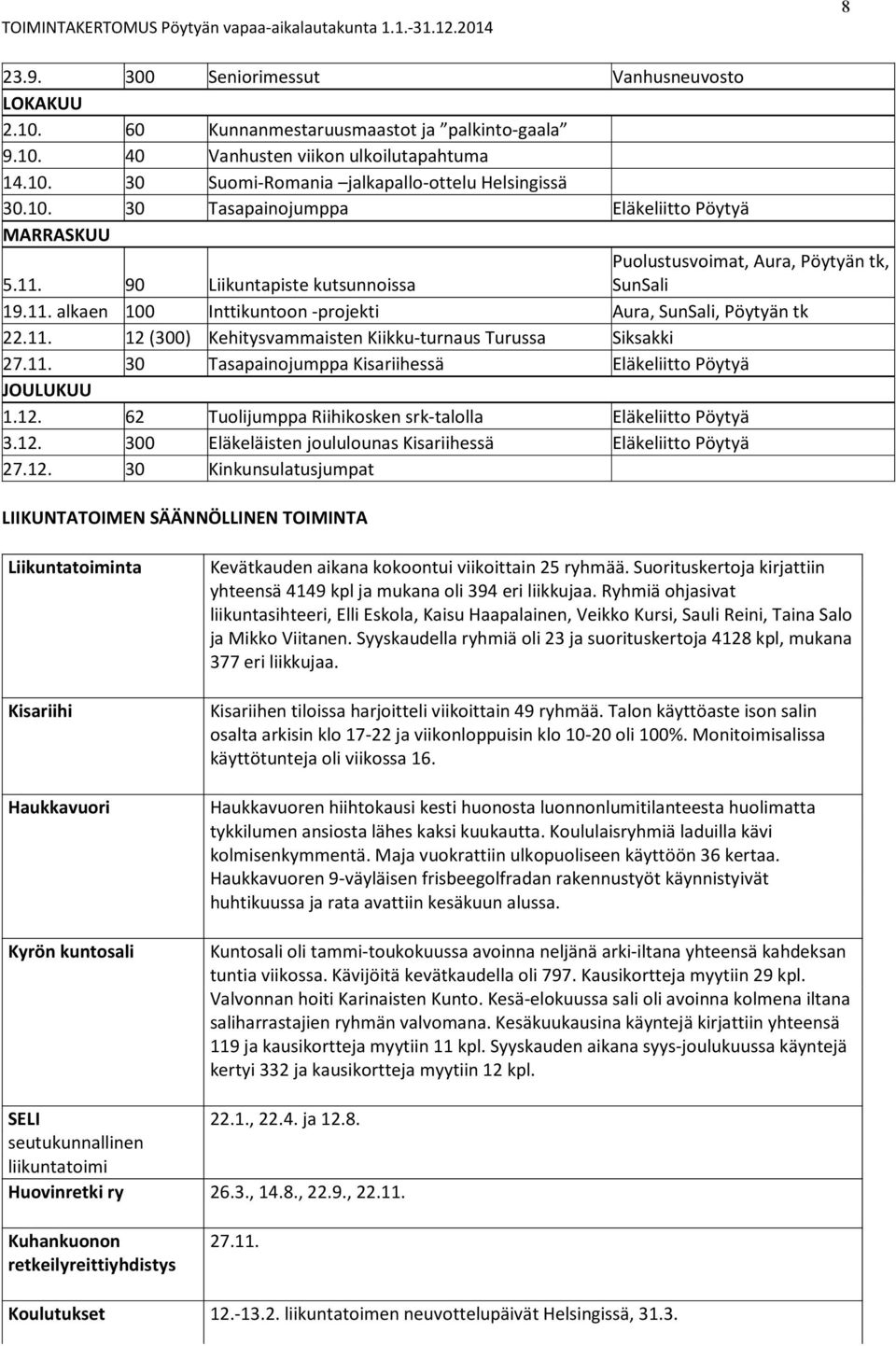 11. 12 (300) Kehitysvammaisten Kiikku-turnaus Turussa Siksakki 27.11. 30 Tasapainojumppa Kisariihessä Eläkeliitto Pöytyä JOULUKUU 1.12. 62 Tuolijumppa Riihikosken srk-talolla Eläkeliitto Pöytyä 3.12. 300 Eläkeläisten joululounas Kisariihessä Eläkeliitto Pöytyä 27.