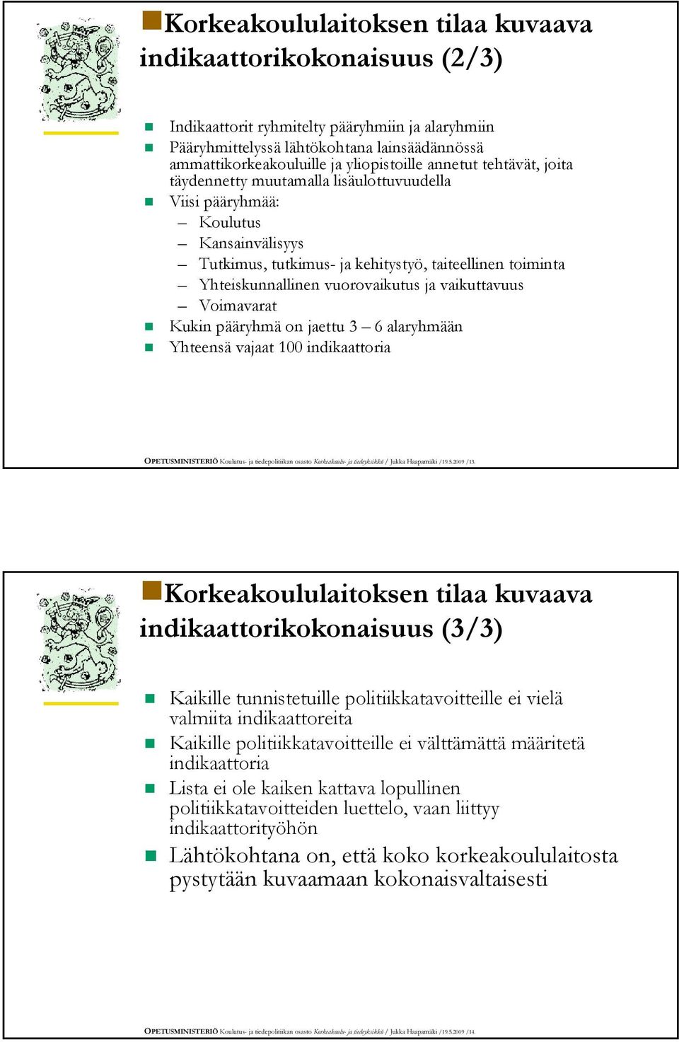 vuorovaikutus ja vaikuttavuus Voimavarat Kukin pääryhmä on jaettu 3 6 alaryhmään Yhteensä vajaat 100 indikaattoria OPETUSMINISTERIÖ Koulutus- ja tiedepolitiikan osasto Korkeakoulu- ja tiedeyksikkö /