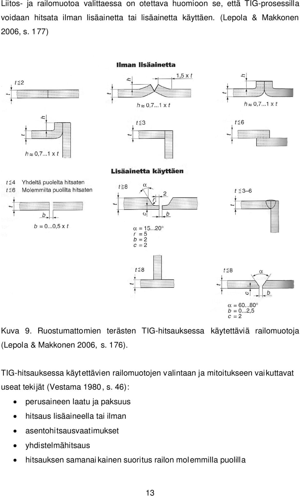 TIG-hitsauksessa käytettävien railomuotojen valintaan ja mitoitukseen vaikuttavat useat tekijät (Vestama 1980, s.