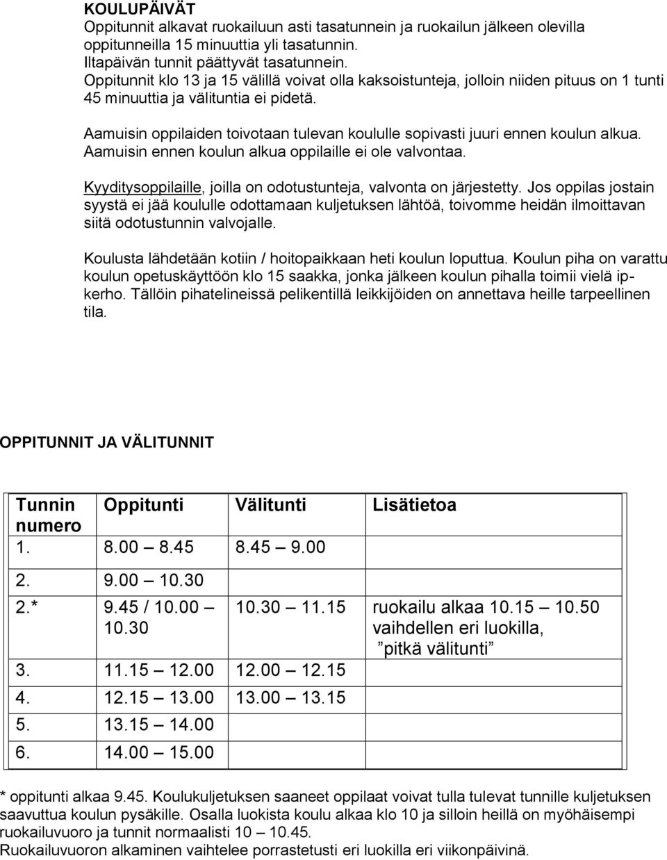 Aamuisin oppilaiden toivotaan tulevan koululle sopivasti juuri ennen koulun alkua. Aamuisin ennen koulun alkua oppilaille ei ole valvontaa.