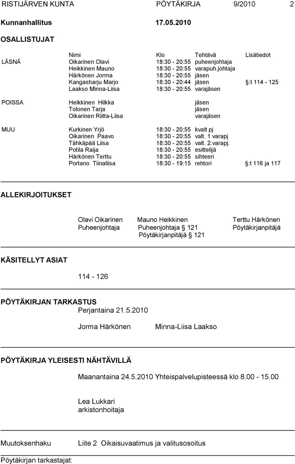 Riitta-Liisa varajäsen MUU Kurkinen Yrjö 18:30-20:55 kvalt pj Oikarinen Paavo 18:30-20:55 valt. 1 varapj 