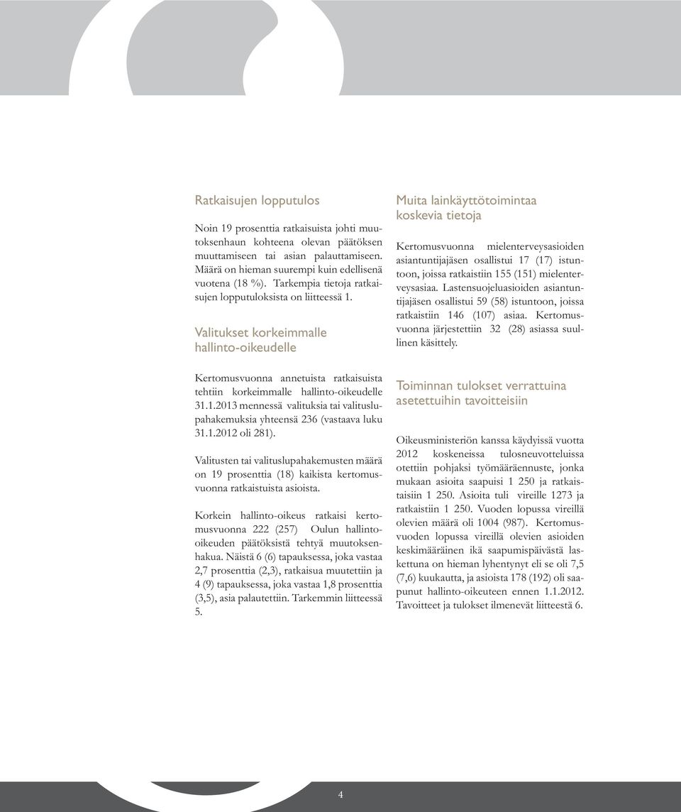 .0 mennessä valituksia tai valituslupahakemuksia yhteensä (vastaava luku..0 oli ). Valitusten tai valituslupahakemusten määrä on prosenttia () kaikista kertomusvuonna ratkaistuista asioista.