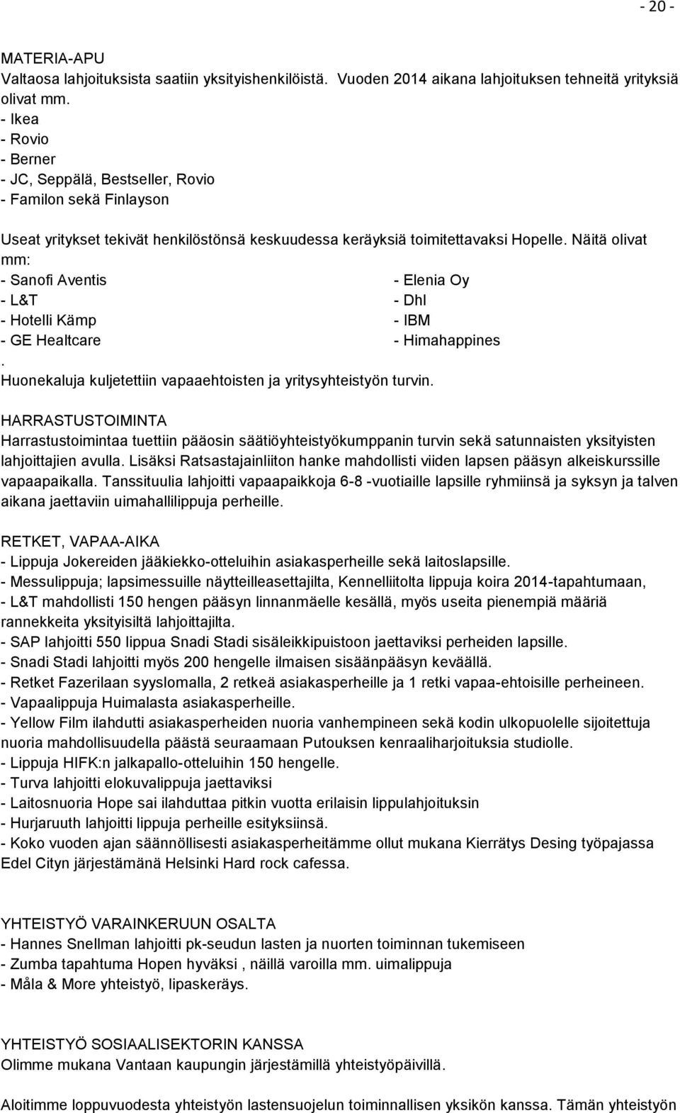 Näitä olivat mm: - Sanofi Aventis - Elenia Oy - L&T - Dhl - Hotelli Kämp - IBM - GE Healtcare - Himahappines. Huonekaluja kuljetettiin vapaaehtoisten ja yritysyhteistyön turvin.