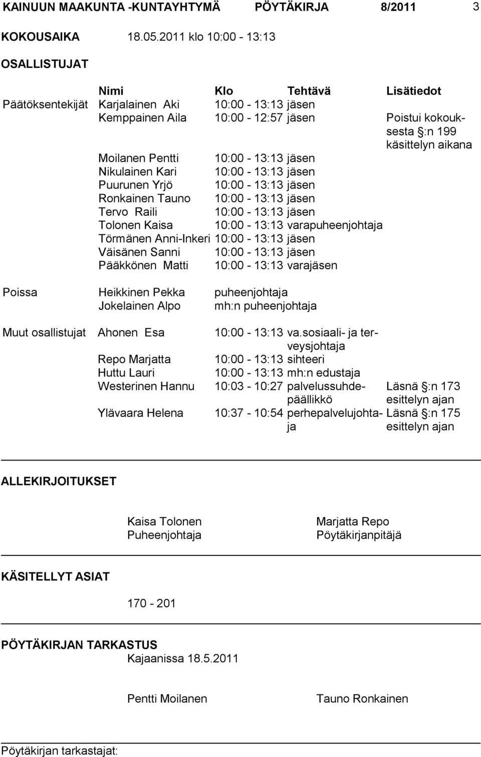 Moilanen Pentti 10:00-13:13 jäsen Nikulainen Kari 10:00-13:13 jäsen Puurunen Yrjö 10:00-13:13 jäsen Ronkainen Tauno 10:00-13:13 jäsen Tervo Raili 10:00-13:13 jäsen Tolonen Kaisa 10:00-13:13