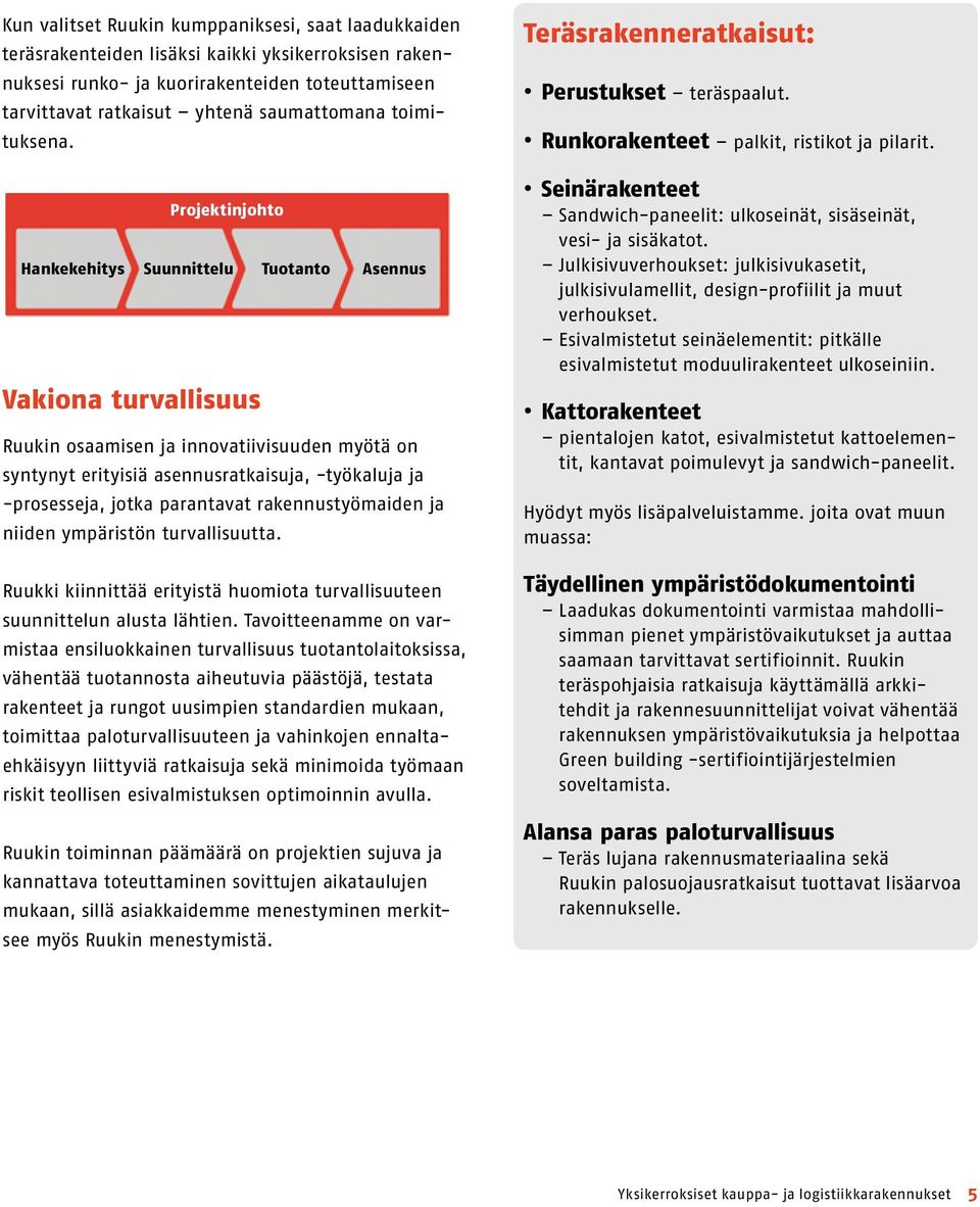 Projektinjohto Hankekehitys Suunnittelu Tuotanto Asennus Vakiona turvallisuus Ruukin osaamisen ja innovatiivisuuden myötä on syntynyt erityisiä asennusratkaisuja, -työkaluja ja -prosesseja, jotka