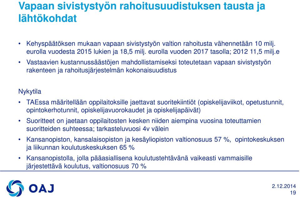 e Vastaavien kustannussäästöjen mahdollistamiseksi toteutetaan vapaan sivistystyön rakenteen ja rahoitusjärjestelmän kokonaisuudistus Nykytila TAEssa määritellään oppilaitoksille jaettavat