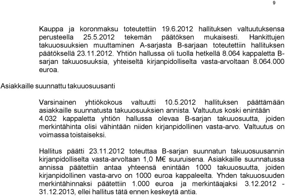 064 kappaletta B- sarjan takuuosuuksia, yhteiseltä kirjanpidolliselta vasta-arvoltaan 8.064.000 euroa. Asiakkaille suunnattu takuuosuusanti Varsinainen yhtiökokous valtuutti 10.5.