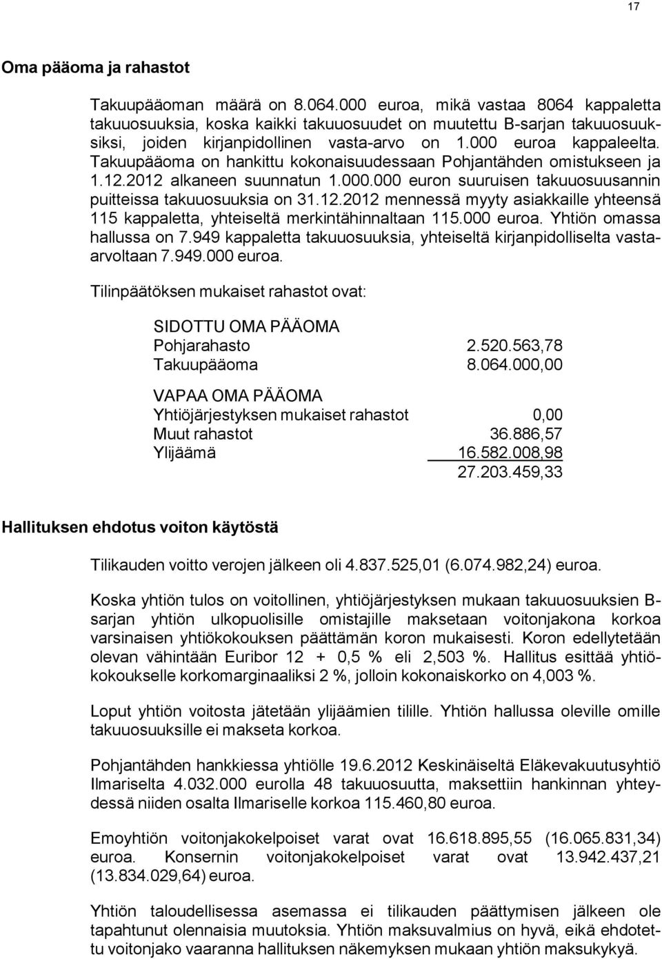 Takuupääoma on hankittu kokonaisuudessaan Pohjantähden omistukseen ja 1.12.2012 alkaneen suunnatun 1.000.000 euron suuruisen takuuosuusannin puitteissa takuuosuuksia on 31.12.2012 mennessä myyty asiakkaille yhteensä 115 kappaletta, yhteiseltä merkintähinnaltaan 115.