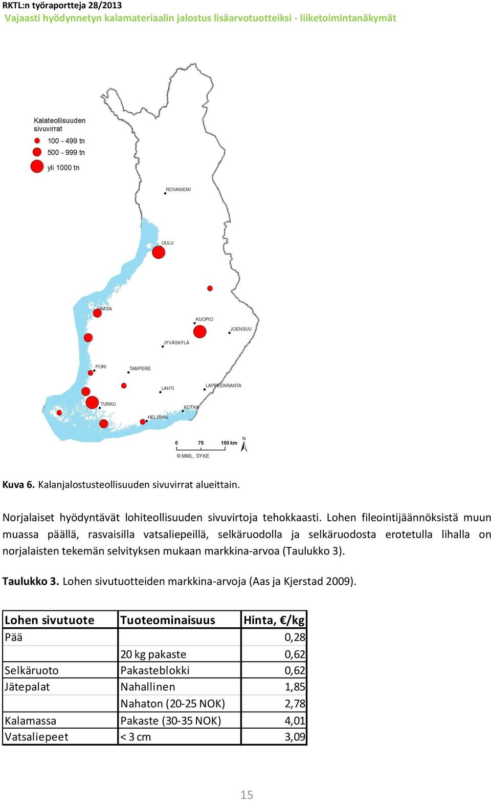 selvityksen mukaan markkina-arvoa (Taulukko 3). Taulukko 3. Lohen sivutuotteiden markkina-arvoja (Aas ja Kjerstad 2009).