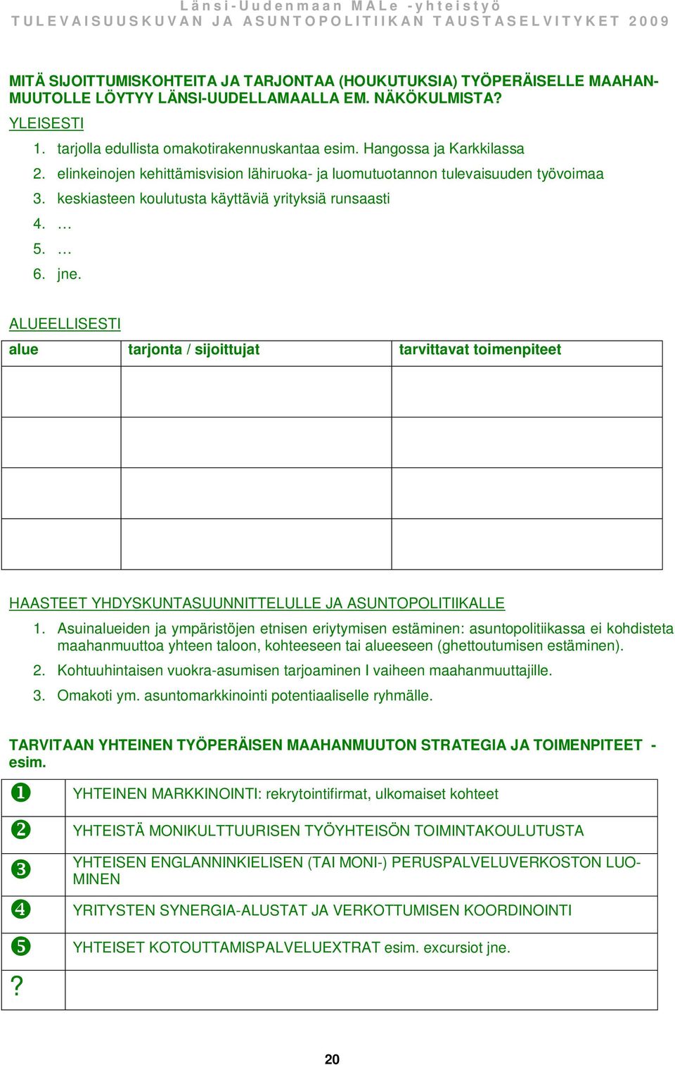 ALUEELLISESTI alue tarjonta / sijoittujat tarvittavat toimenpiteet HAASTEET YHDYSKUNTASUUNNITTELULLE JA ASUNTOPOLITIIKALLE 1.