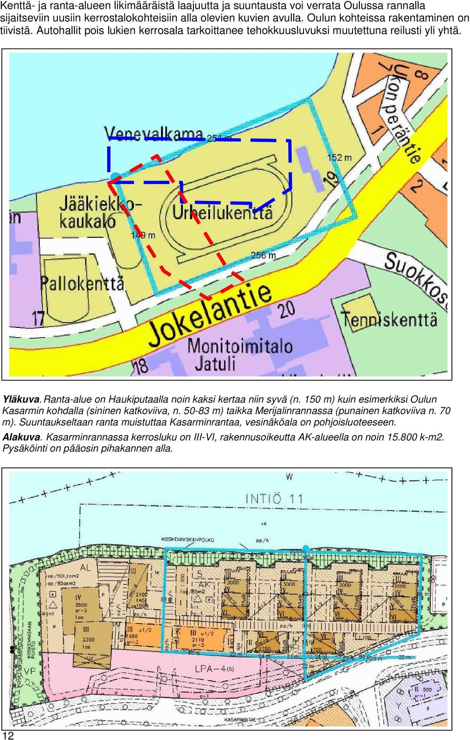 Ranta-alue on Haukiputaalla noin kaksi kertaa niin syvä (n. 150 m) kuin esimerkiksi Oulun Kasarmin kohdalla (sininen katkoviiva, n.