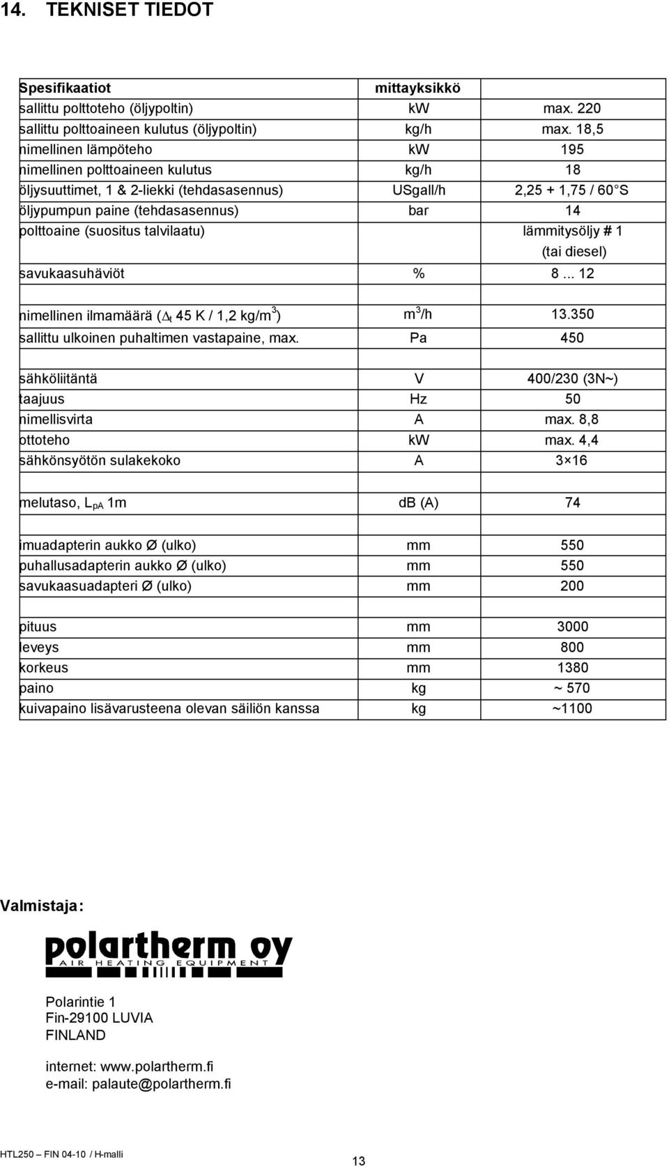 (suositus talvilaatu) lämmitysöljy # 1 (tai diesel) savukaasuhäviöt % 8... 12 nimellinen ilmamäärä ( t 45 K / 1,2 kg/m 3 ) m 3 /h 13.350 sallittu ulkoinen puhaltimen vastapaine, max.