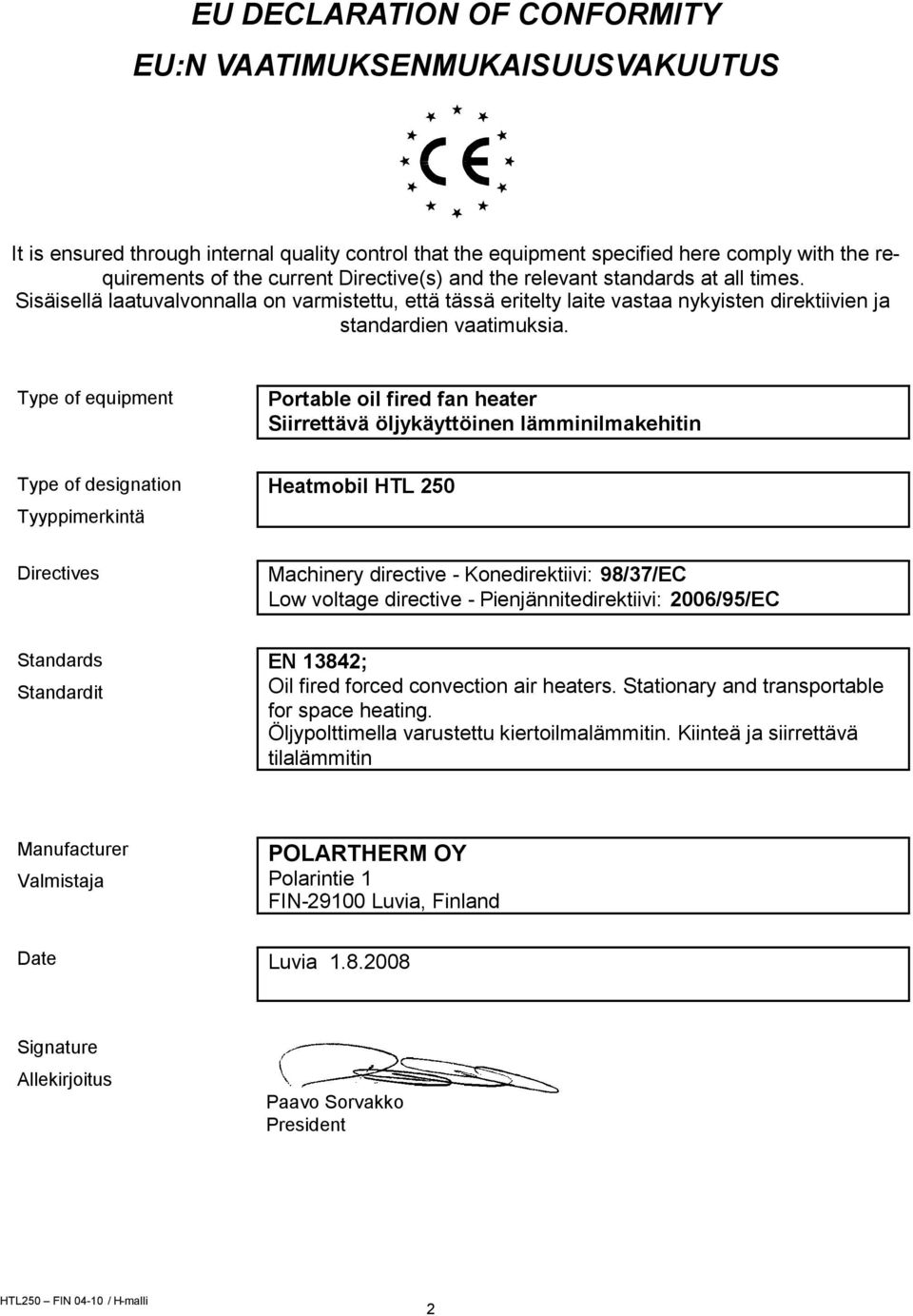 Type of equipment Portable oil fired fan heater Siirrettävä öljykäyttöinen lämminilmakehitin Type of designation Tyyppimerkintä Heatmobil HTL 250 Directives Machinery directive - Konedirektiivi: