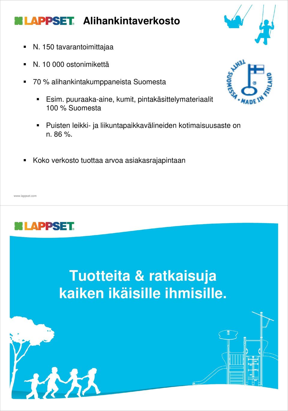 puuraaka-aine, kumit, pintakäsittelymateriaalit 100 % Suomesta Puisten leikki- ja