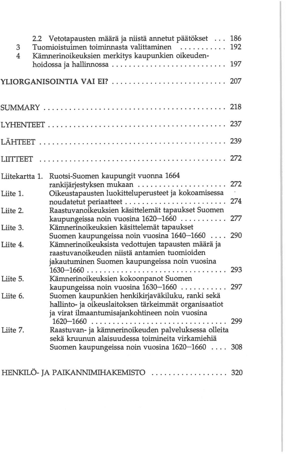 LI1FfEET 272 Liitekartta 1. Ruotsi-Suomen kaupungit vuonna 1664 rankijärjestyksen mukaan 272 Lilte 1. Oikeustapausten luokitteluperusteet ja kokoamisessa noudatetut periaatteet 274 Liite 2.