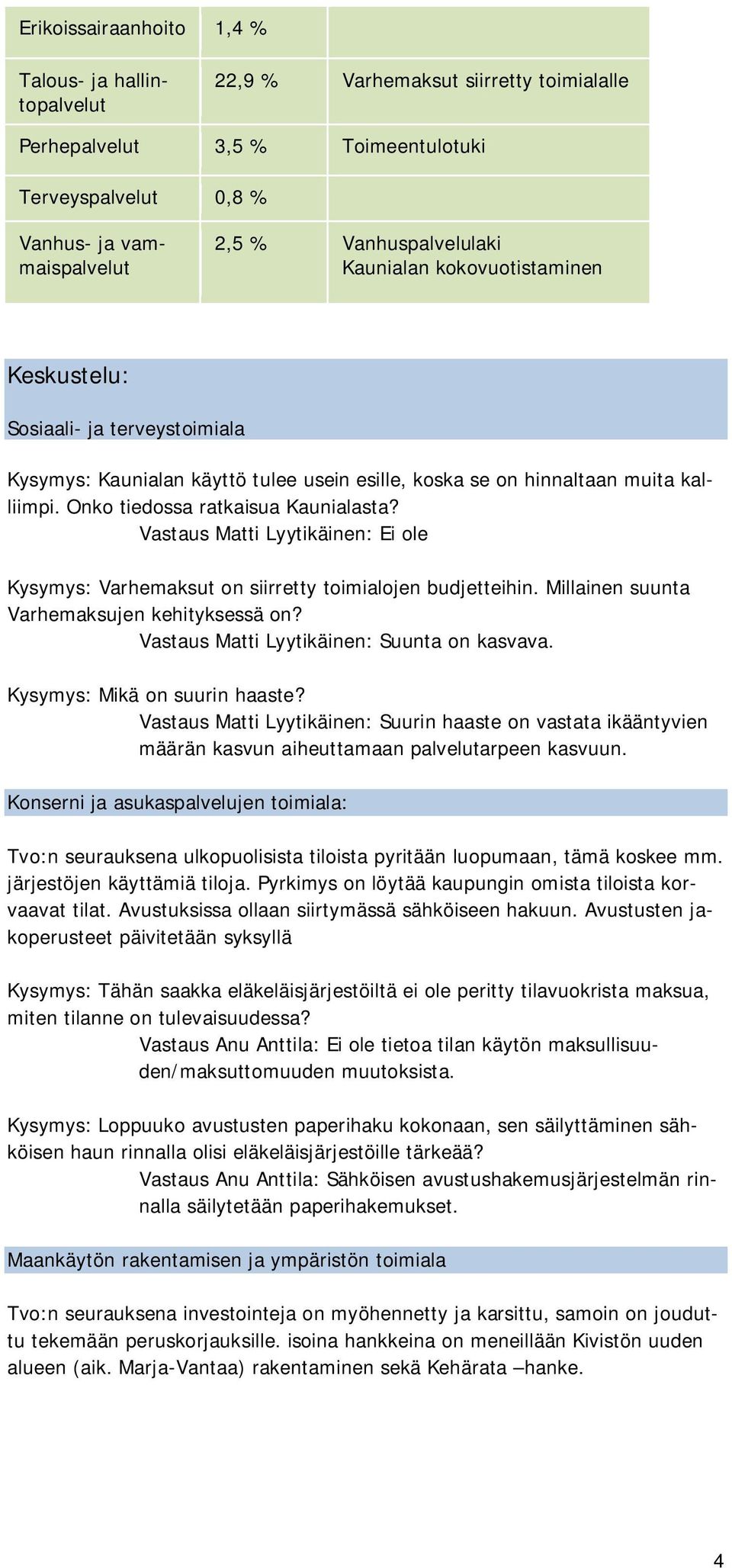 Onko tiedossa ratkaisua Kaunialasta? Vastaus Matti Lyytikäinen: Ei ole Kysymys: Varhemaksut on siirretty toimialojen budjetteihin. Millainen suunta Varhemaksujen kehityksessä on?