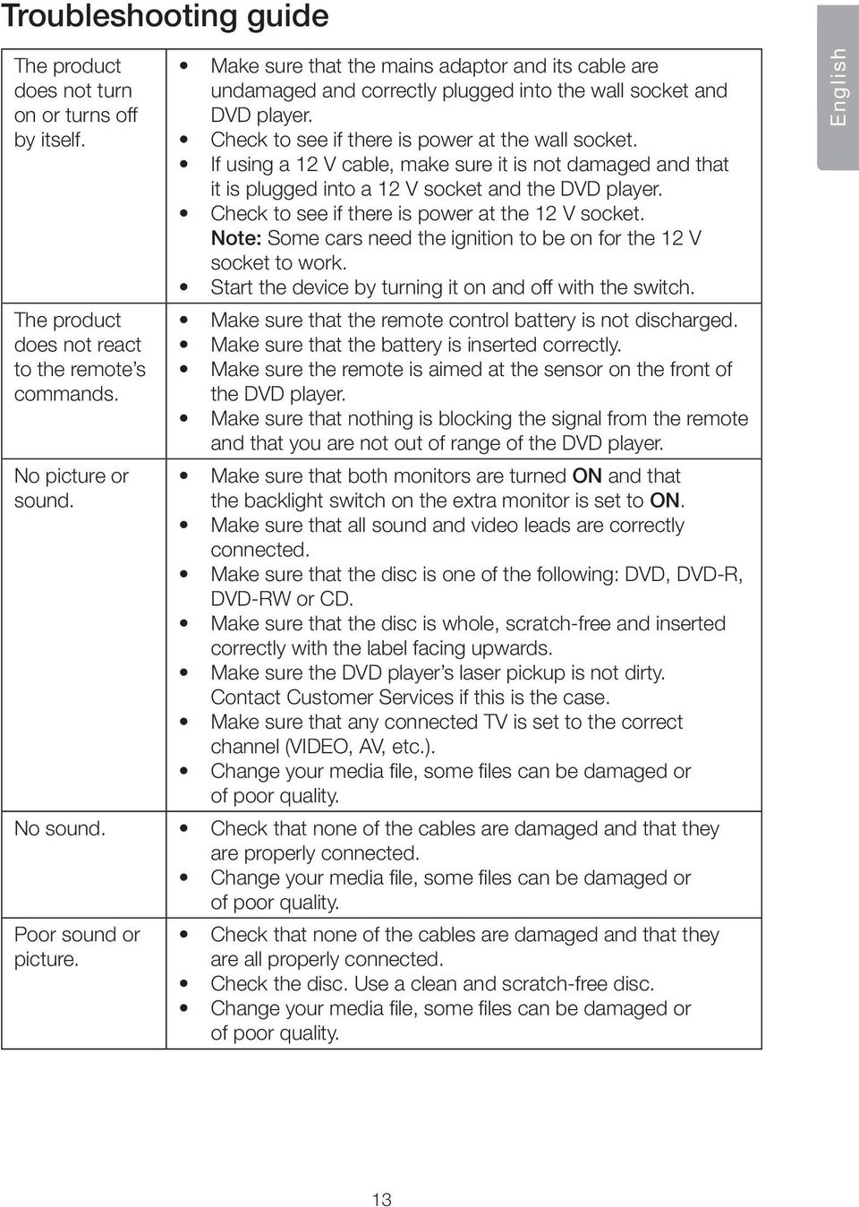 If using a 12 V cable, make sure it is not damaged and that it is plugged into a 12 V socket and the DVD player. Check to see if there is power at the 12 V socket.