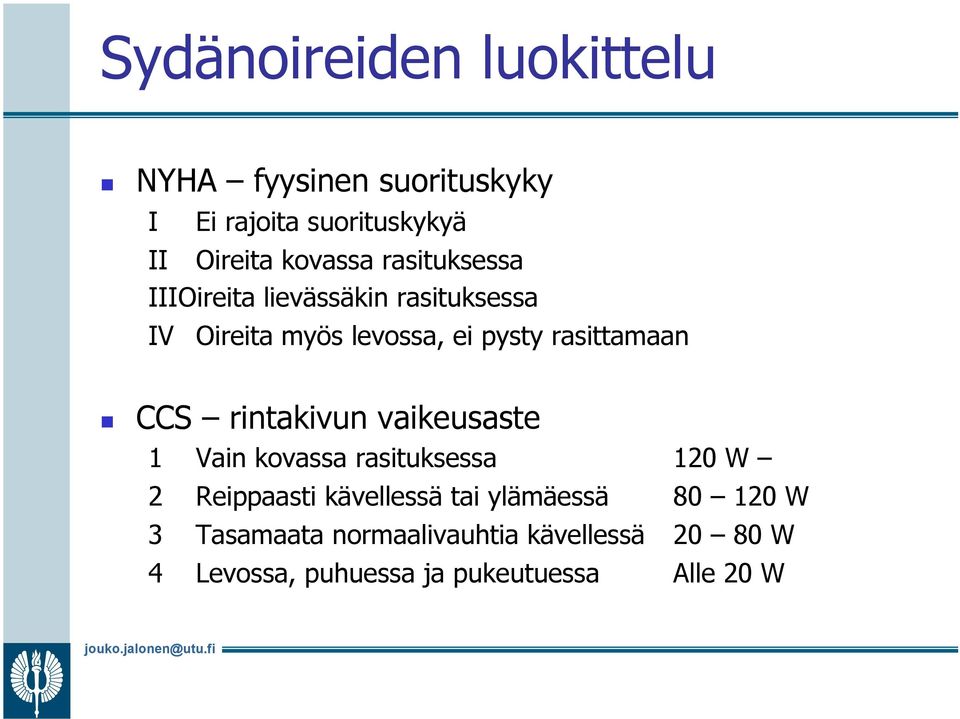 CCS rintakivun vaikeusaste 1 Vain kovassa rasituksessa 120 W 2 Reippaasti kävellessä tai