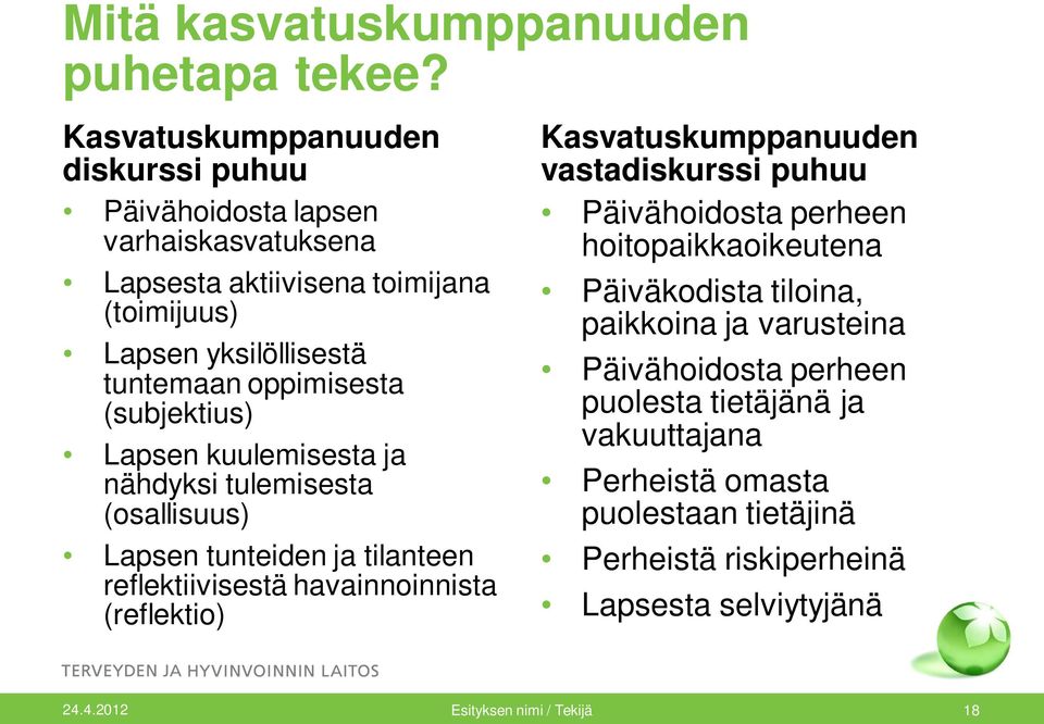 (subjektius) Lapsen kuulemisesta ja nähdyksi tulemisesta (osallisuus) Lapsen tunteiden ja tilanteen reflektiivisestä havainnoinnista (reflektio)