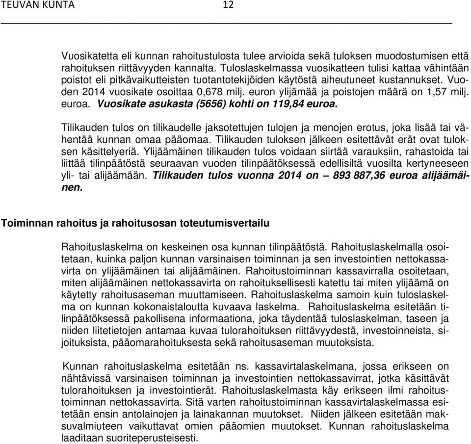 euron ylijämää ja poistojen määrä on 1,57 milj. euroa. Vuosikate asukasta (5656) kohti on 119,84 euroa.