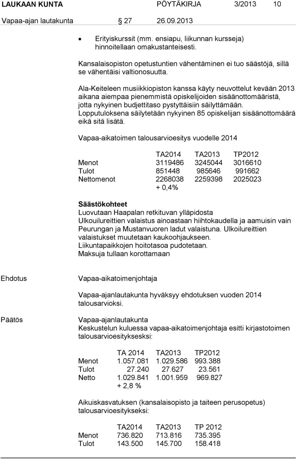 Ala-Keiteleen musiikkiopiston kanssa käyty neuvottelut kevään 2013 aikana aiempaa pienemmistä opiskelijoiden sisäänottomääristä, jotta nykyinen budjettitaso pystyttäisiin säilyttämään.