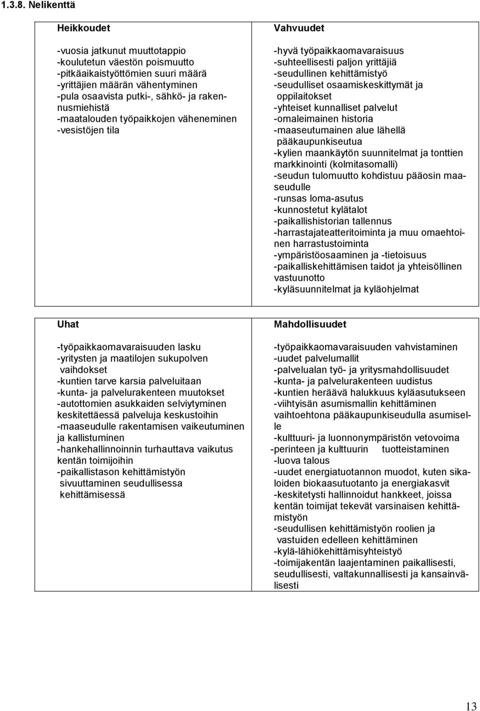 rakennusmiehistä -maatalouden työpaikkojen väheneminen -vesistöjen tila Vahvuudet -hyvä työpaikkaomavaraisuus -suhteellisesti paljon yrittäjiä -seudullinen kehittämistyö -seudulliset