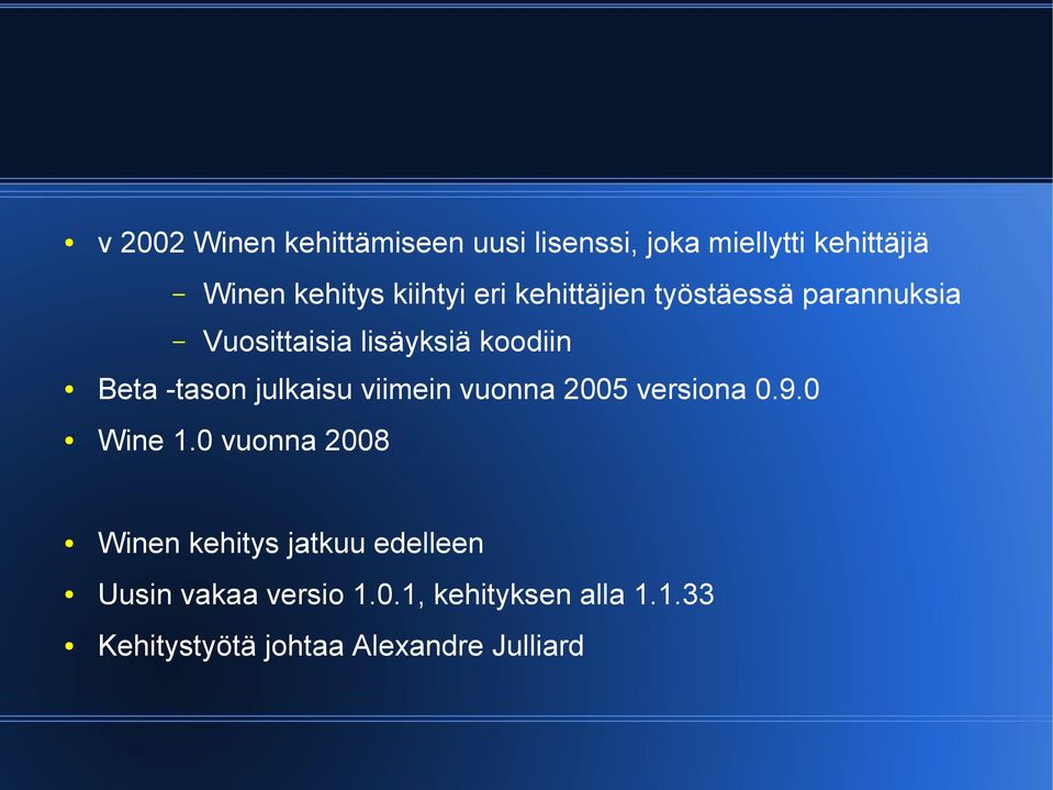 -tason julkaisu viimein vuonna 2005 versiona 0.9.0 Wine 1.