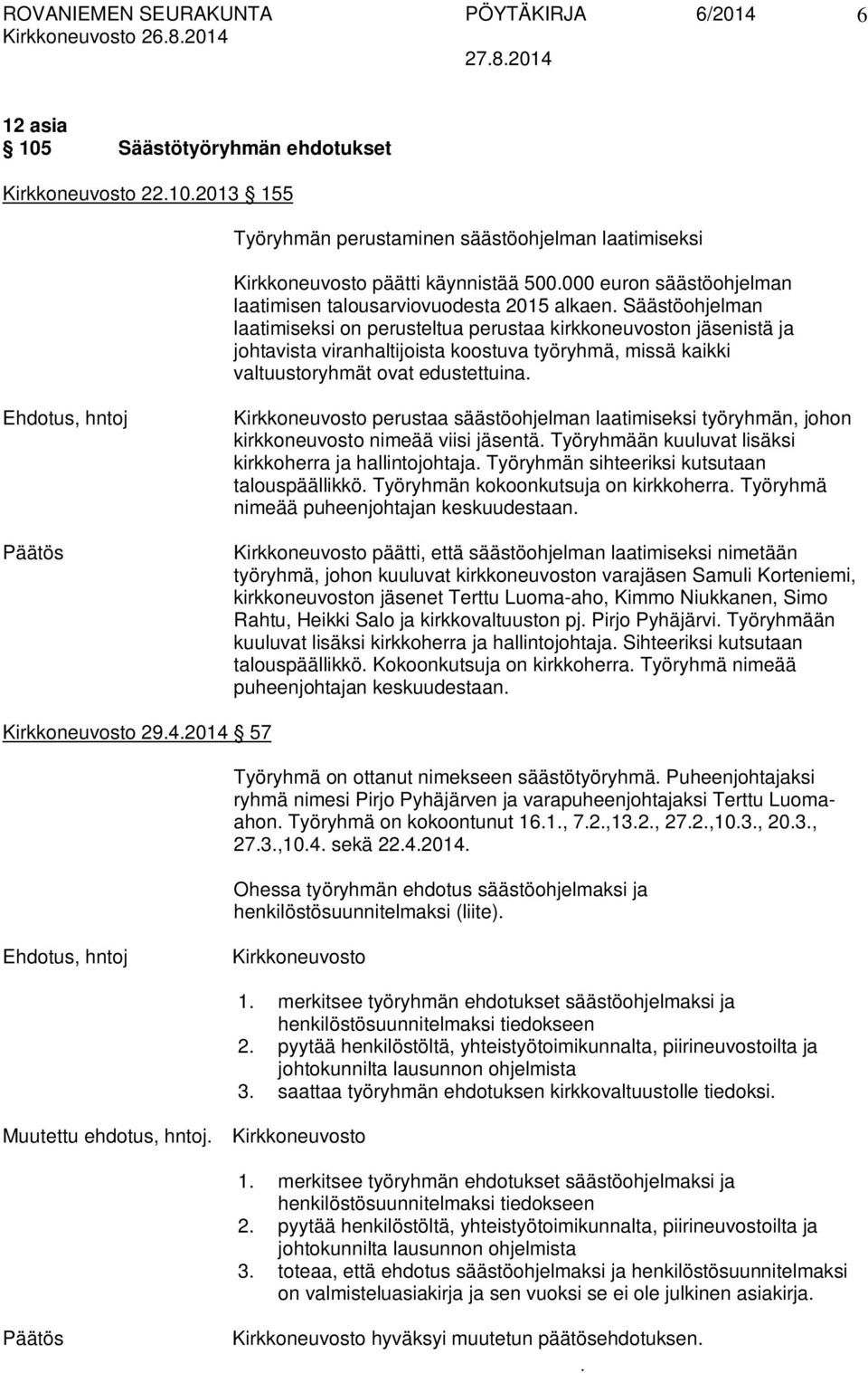 valtuustoryhmät ovat edustettuina Ehdotus, hntoj Kirkkoneuvosto perustaa säästöohjelman laatimiseksi työryhmän, johon kirkkoneuvosto nimeää viisi jäsentä Työryhmään kuuluvat lisäksi kirkkoherra ja