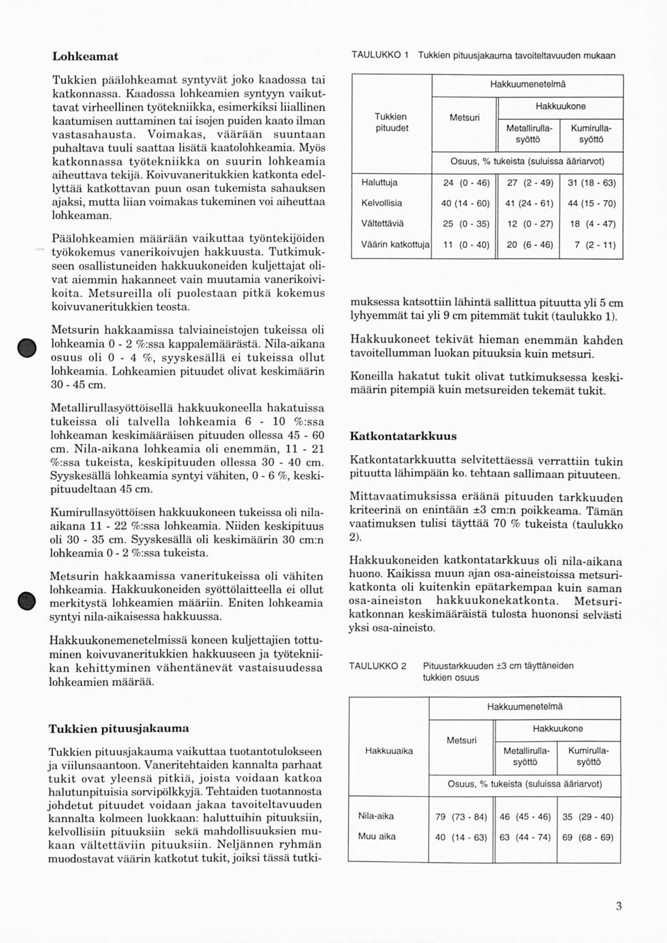 Voimakas, vää r ä än s uuntaan puhaltava tuuli saatta a lisätä kaatolohkeamia. Myös katkonnassa työtekniikka on suurin lohkeamia aiheuttava tekijä.