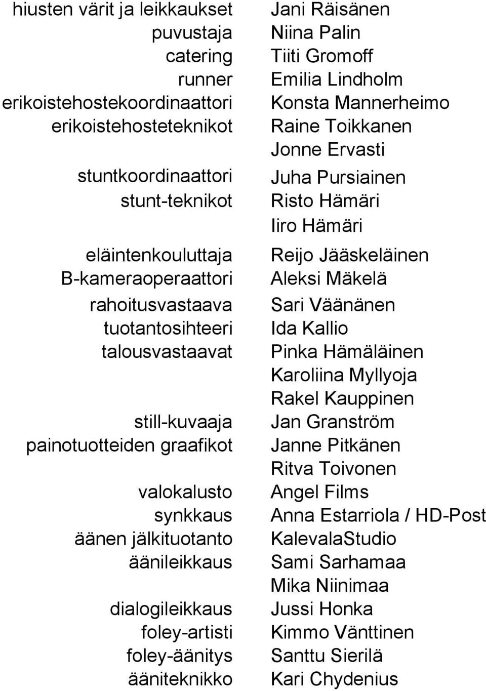 tuotantosihteeri Ida Kallio talousvastaavat Pinka Hämäläinen Karoliina Myllyoja Rakel Kauppinen still-kuvaaja Jan Granström painotuotteiden graafikot Janne Pitkänen Ritva Toivonen valokalusto Angel