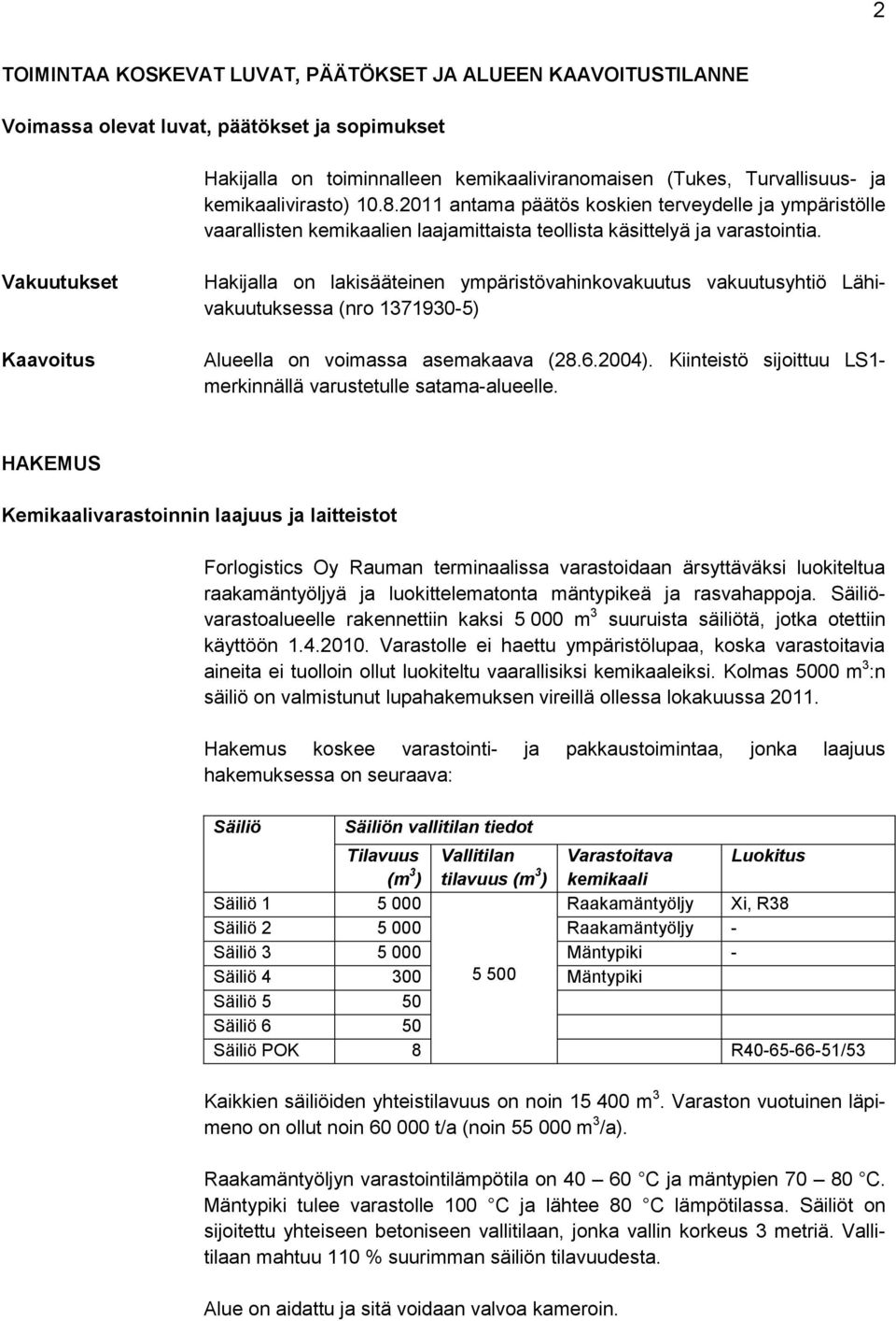 Vakuutukset Kaavoitus Hakijalla on lakisääteinen ympäristövahinkovakuutus vakuutusyhtiö Lähivakuutuksessa (nro 1371930-5) Alueella on voimassa asemakaava (28.6.2004).