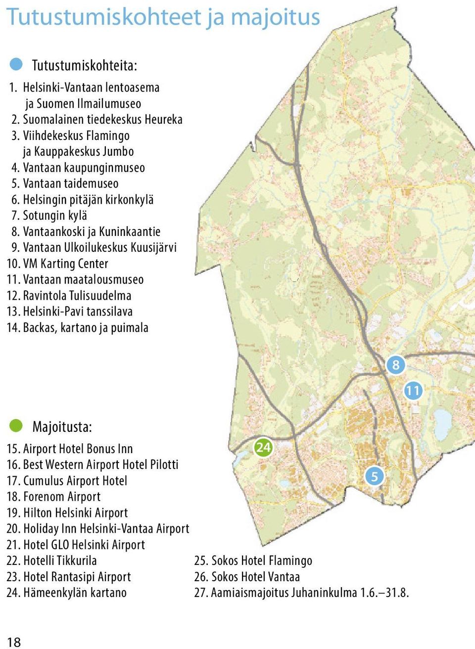 Vantaan maatalousmuseo 12. Ravintola Tulisuudelma 13. Helsinki-Pavi tanssilava 14. Backas, kartano ja puimala 8 Majoitusta: 15. Airport Hotel Bonus Inn 24 16. Best Western Airport Hotel Pilotti 17.