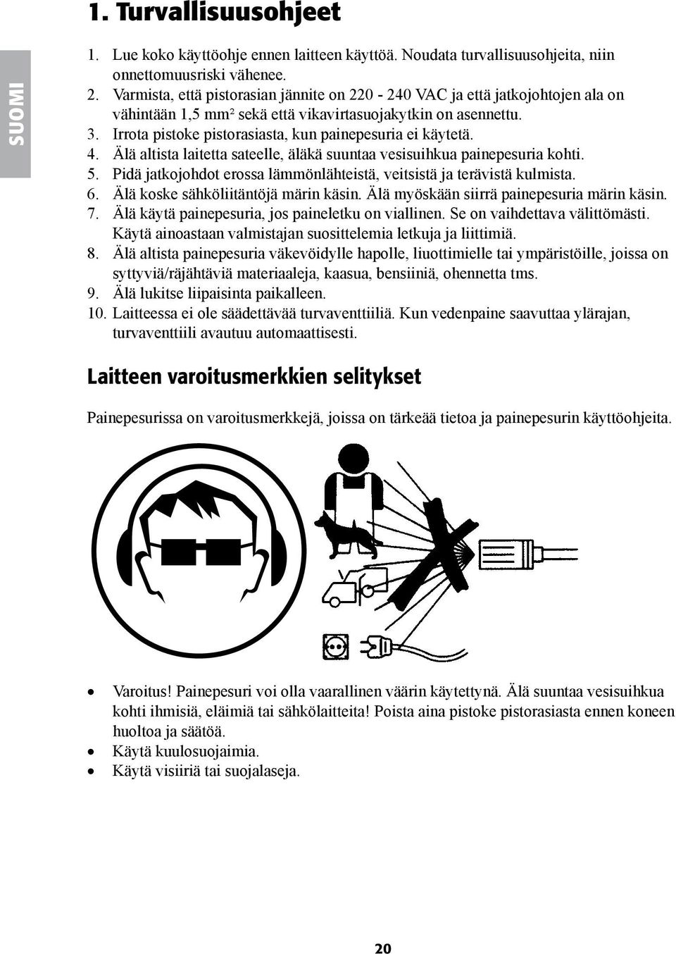 Irrota pistoke pistorasiasta, kun painepesuria ei käytetä. 4. Älä altista laitetta sateelle, äläkä suuntaa vesisuihkua painepesuria kohti. 5.