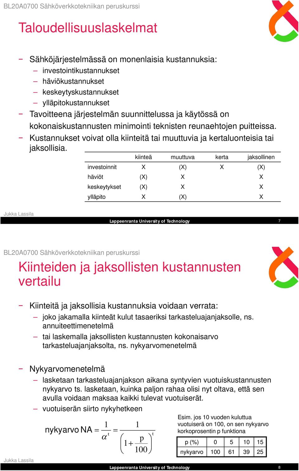 kiinteä muuttuva kerta jaksollinen investoinnit X (X) X (X) häviöt (X) X X keskeytykset (X) X X ylläpito X (X) X 7 Kiinteiden ja jaksollisten kustannusten vertailu Kiinteitä ja jaksollisia