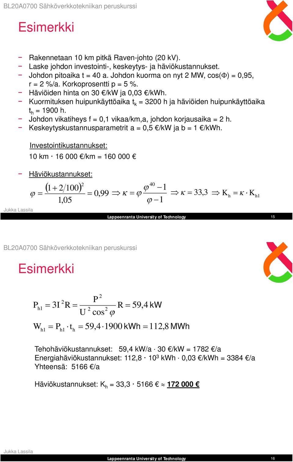 Johdon vikatiheys f = 0,1 vikaa/km,a, johdon korjausaika = h. Keskeytyskustannusparametrit a = 0,5 /kw ja b = 1 /kwh.