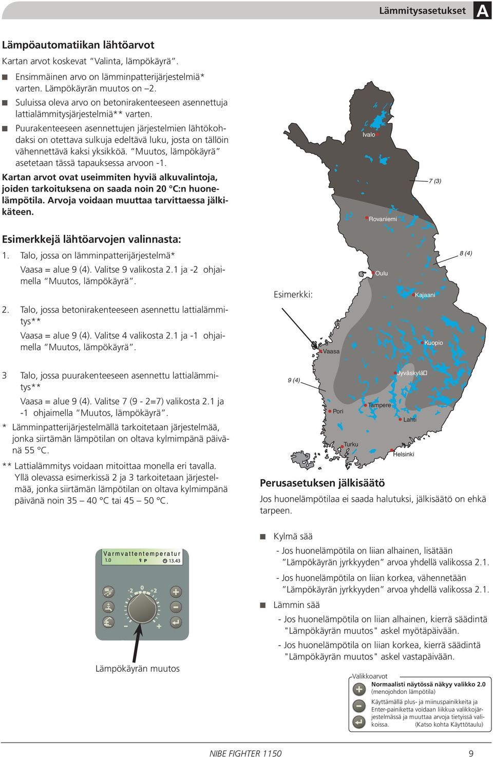 Puurakenteeseen asennettujen järjestelmien lähtökohdaksi on otettava sulkuja edeltävä luku, josta on tällöin vähennettävä kaksi yksikköä. Muutos, lämpökäyrä asetetaan tässä tapauksessa arvoon -1.