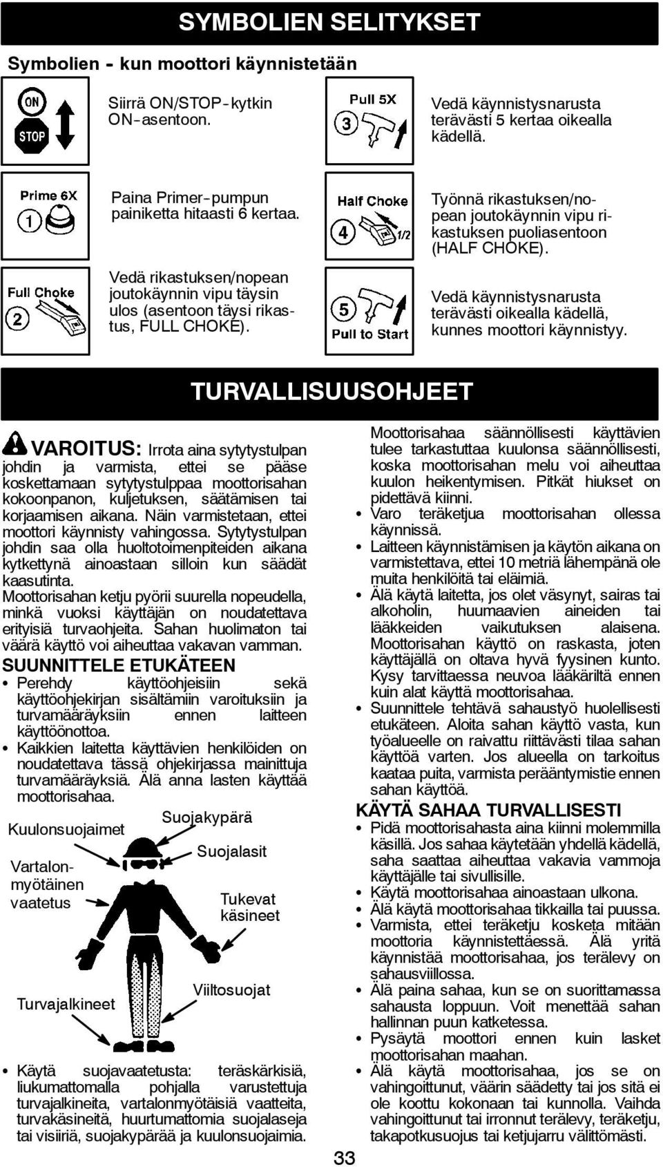 Työnnä rikastuksen/nopean joutokäynnin vipu rikastuksen puoliasentoon (HALF CHOKE). Vedä käynnistysnarusta terävästi oikealla kädellä, kunnes moottori käynnistyy.