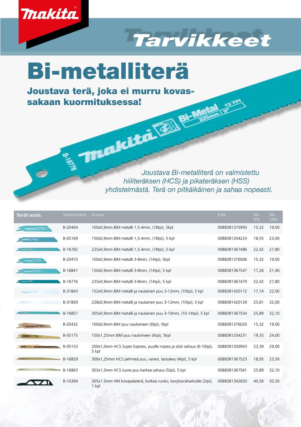 Tuotenumero Kuvaus EAN B-244 1xmm BiM metalli 15-4mm (18tpi) 5kpl 883813753 1532 1 B-516 15xmm BiM metalli 15-4mm (18tpi) 5 kpl 8838124224 1855 23 24 B-16782 225xmm BiM metalli 15-4mm (18tpi) 5 kpl