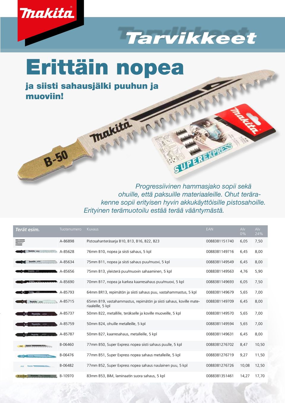 Tuotenumero Kuvaus EAN A-8688 Pistosahanteräsarja B1 B13 B16 B22 B23 8838115174 65 75 A-85628 76mm B1 nopea ja siisti sahaus 5 kpl 8838114716 645 8 24 A-85634 75mm B11 nopea ja siisti sahaus