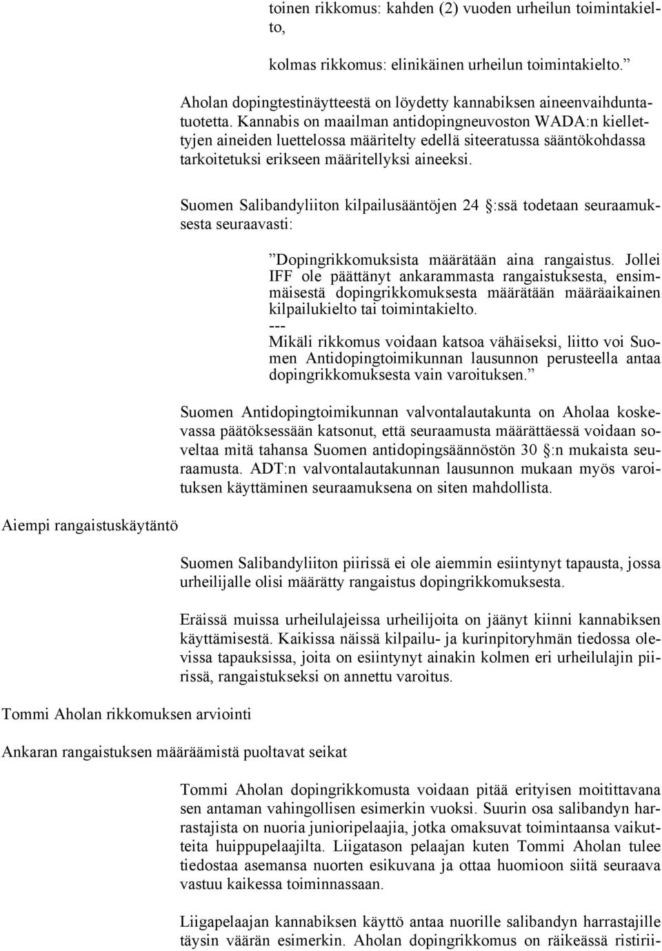 Aiempi rangaistuskäytäntö Tommi Aholan rikkomuksen arviointi Ankaran rangaistuksen määräämistä puoltavat seikat Suomen Salibandyliiton kilpailusääntöjen 24 :ssä todetaan seuraamuksesta seuraavasti: