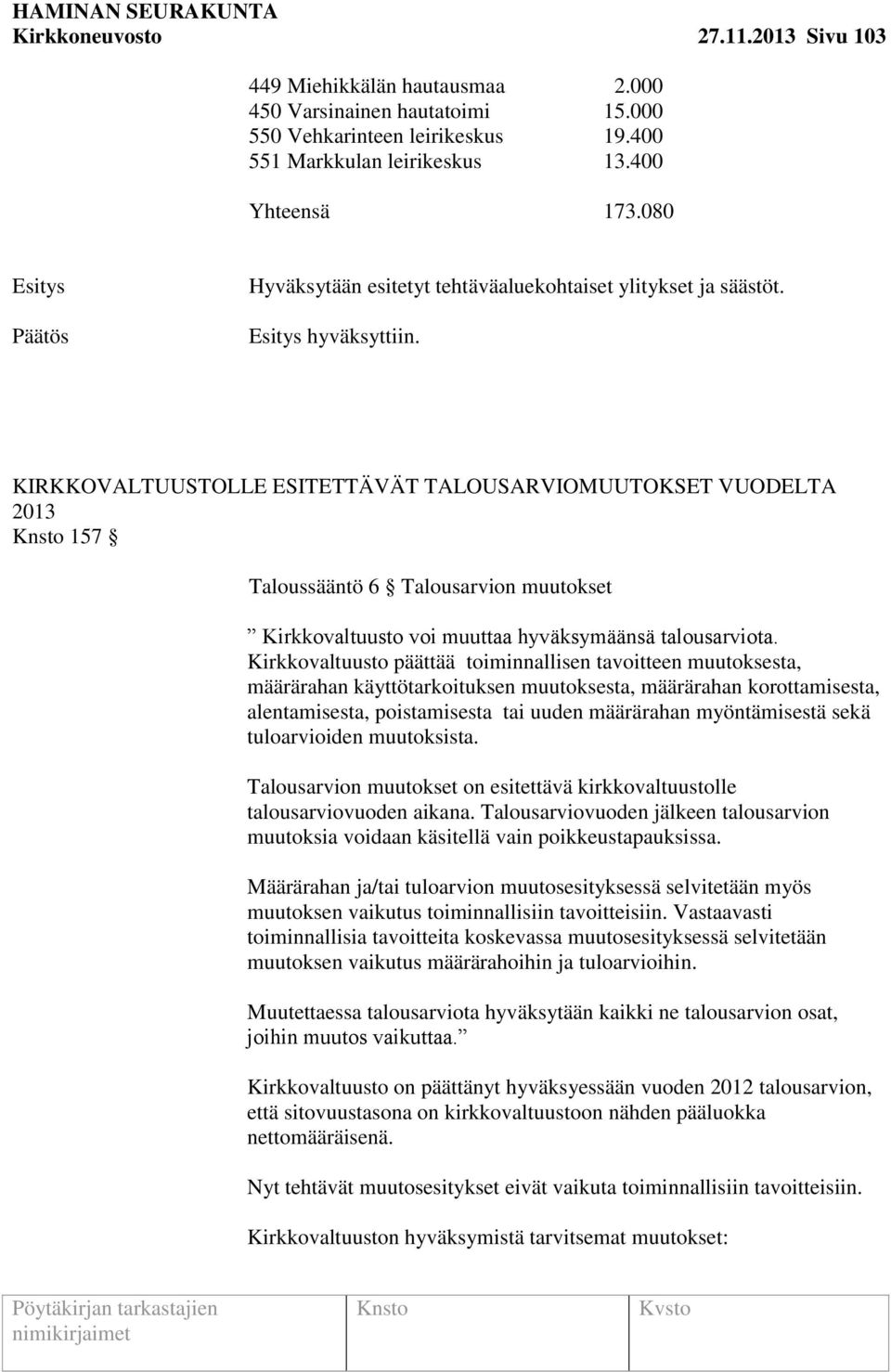 KIRKKOVALTUUSTOLLE ESITETTÄVÄT TALOUSARVIOMUUTOKSET VUODELTA 2013 157 Taloussääntö 6 Talousarvion muutokset Kirkkovaltuusto voi muuttaa hyväksymäänsä talousarviota.