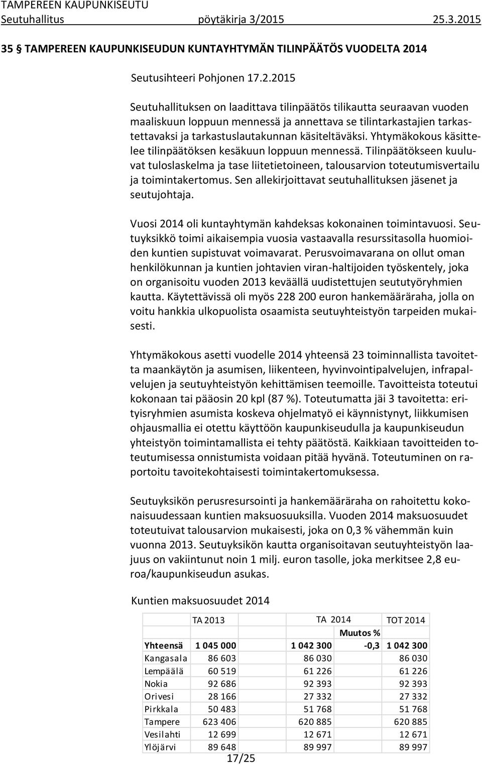 2015 Seutuhallituksen on laadittava tilinpäätös tilikautta seuraavan vuoden maaliskuun loppuun mennessä ja annettava se tilintarkastajien tarkastettavaksi ja tarkastuslautakunnan käsiteltäväksi.