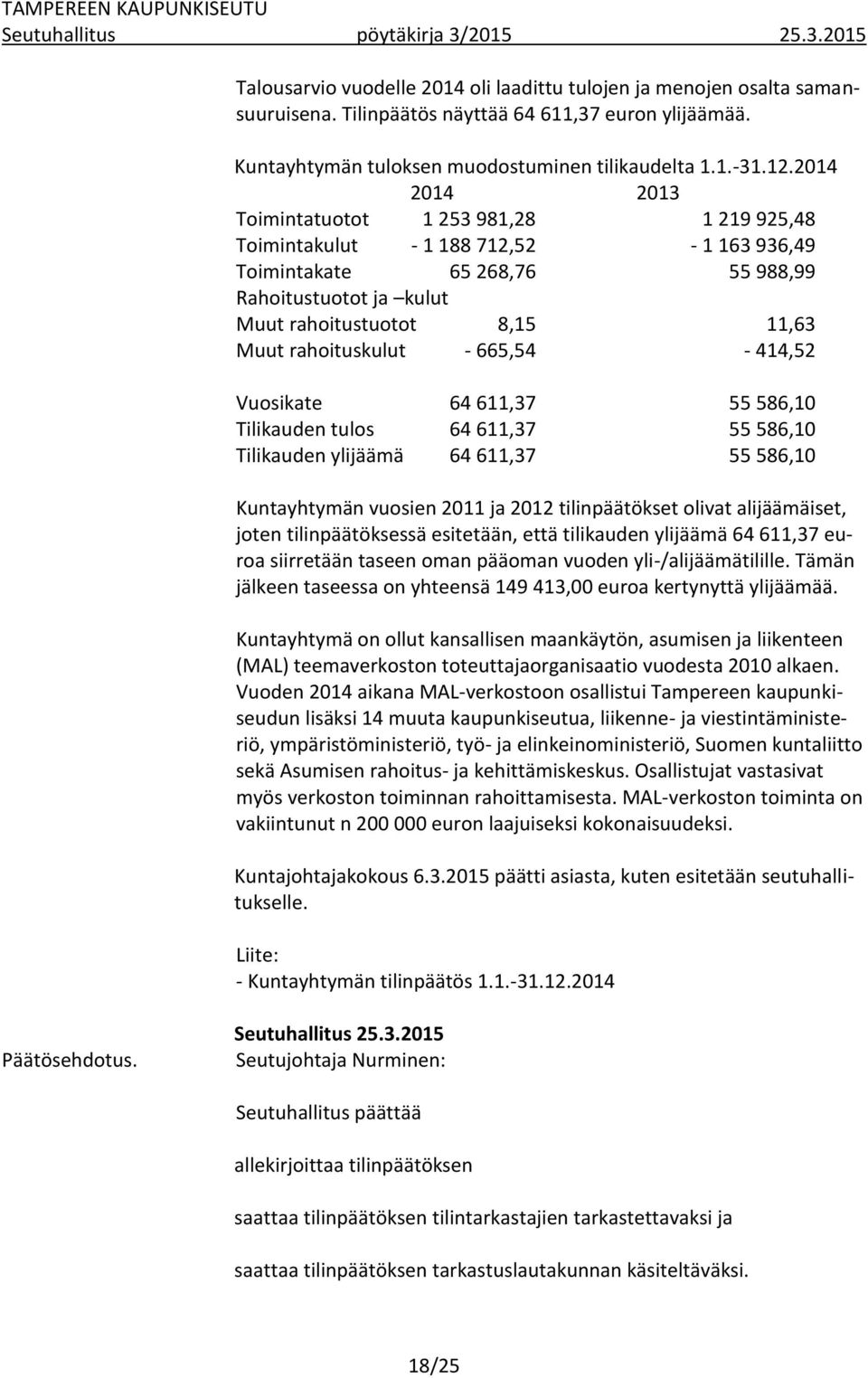 rahoituskulut - 665,54-414,52 Vuosikate 64 611,37 55 586,10 Tilikauden tulos 64 611,37 55 586,10 Tilikauden ylijäämä 64 611,37 55 586,10 Kuntayhtymän vuosien 2011 ja 2012 tilinpäätökset olivat